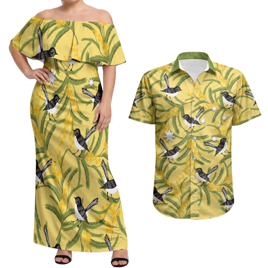 Australia Wattle Day Couples Matching Off Shoulder Maxi Dress and Hawaiian Shirt Acacia Pycnantha Willie Wagtail Seamless Style