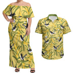 Australia Wattle Day Couples Matching Off Shoulder Maxi Dress and Hawaiian Shirt Acacia Pycnantha Willie Wagtail Seamless Style