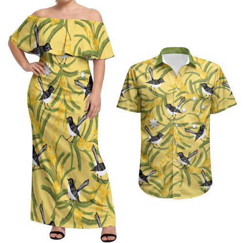 Australia Wattle Day Couples Matching Off Shoulder Maxi Dress and Hawaiian Shirt Acacia Pycnantha Willie Wagtail Seamless Style