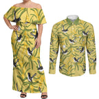 Australia Wattle Day Couples Matching Off Shoulder Maxi Dress and Long Sleeve Button Shirt Acacia Pycnantha Willie Wagtail Seamless Style