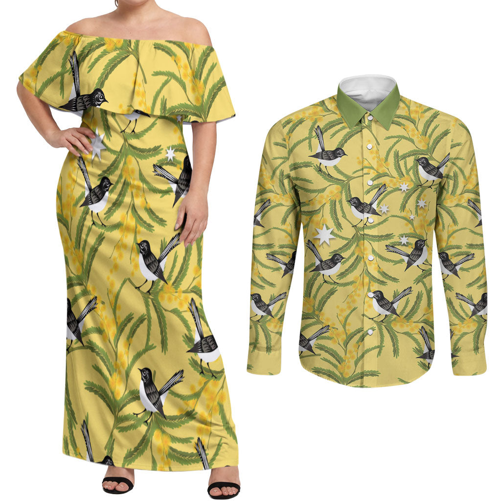 Australia Wattle Day Couples Matching Off Shoulder Maxi Dress and Long Sleeve Button Shirt Acacia Pycnantha Willie Wagtail Seamless Style