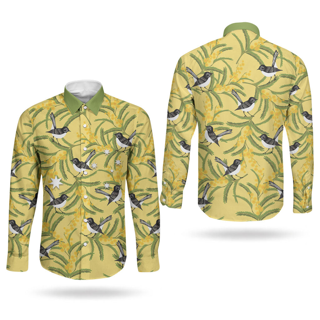 Australia Wattle Day Couples Matching Off Shoulder Maxi Dress and Long Sleeve Button Shirt Acacia Pycnantha Willie Wagtail Seamless Style