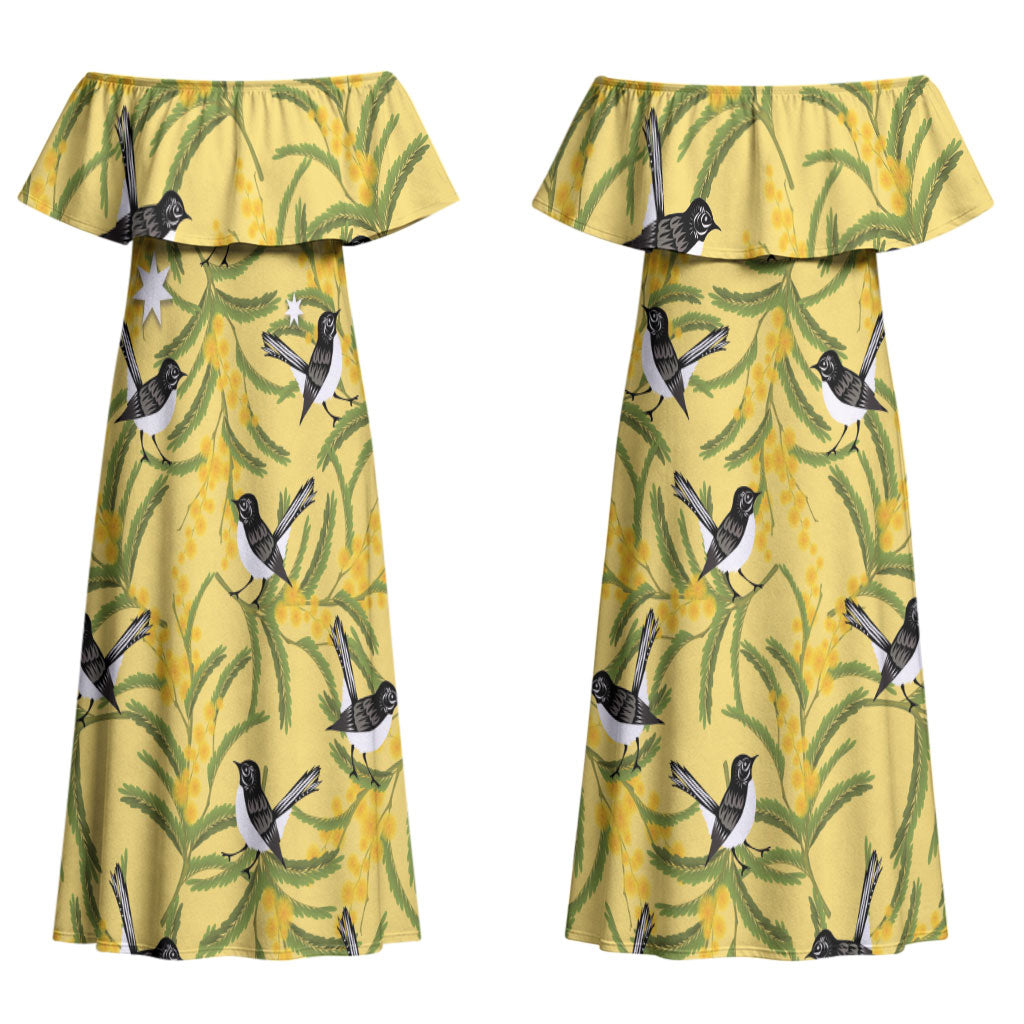 Australia Wattle Day Couples Matching Off Shoulder Maxi Dress and Long Sleeve Button Shirt Acacia Pycnantha Willie Wagtail Seamless Style