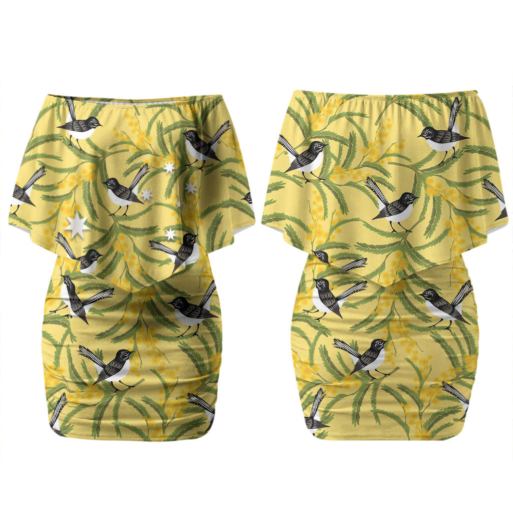 Australia Wattle Day Couples Matching Off Shoulder Short Dress and Hawaiian Shirt Acacia Pycnantha Willie Wagtail Seamless Style