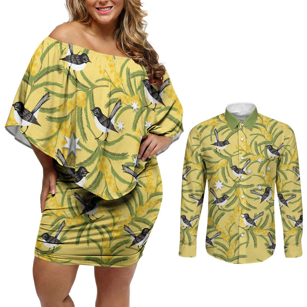 Australia Wattle Day Couples Matching Off Shoulder Short Dress and Long Sleeve Button Shirt Acacia Pycnantha Willie Wagtail Seamless Style