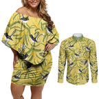 Australia Wattle Day Couples Matching Off Shoulder Short Dress and Long Sleeve Button Shirt Acacia Pycnantha Willie Wagtail Seamless Style