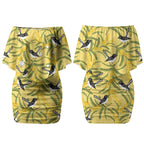 Australia Wattle Day Couples Matching Off Shoulder Short Dress and Long Sleeve Button Shirt Acacia Pycnantha Willie Wagtail Seamless Style