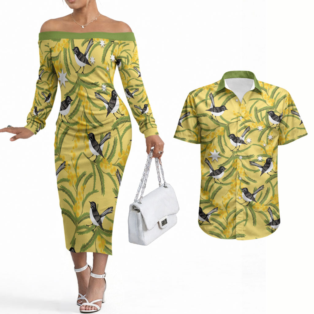 Australia Wattle Day Couples Matching Off The Shoulder Long Sleeve Dress and Hawaiian Shirt Acacia Pycnantha Willie Wagtail Seamless Style
