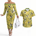 Australia Wattle Day Couples Matching Off The Shoulder Long Sleeve Dress and Hawaiian Shirt Acacia Pycnantha Willie Wagtail Seamless Style