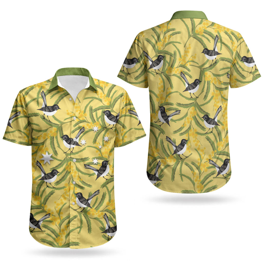 Australia Wattle Day Couples Matching Off The Shoulder Long Sleeve Dress and Hawaiian Shirt Acacia Pycnantha Willie Wagtail Seamless Style