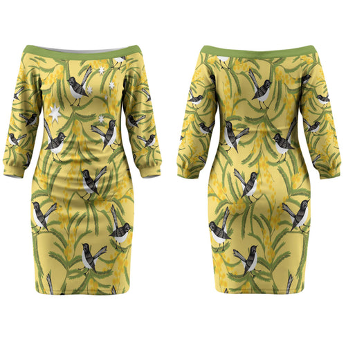 Australia Wattle Day Couples Matching Off The Shoulder Long Sleeve Dress and Hawaiian Shirt Acacia Pycnantha Willie Wagtail Seamless Style