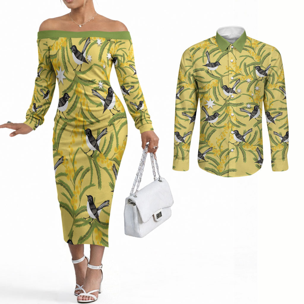Australia Wattle Day Couples Matching Off The Shoulder Long Sleeve Dress and Long Sleeve Button Shirt Acacia Pycnantha Willie Wagtail Seamless Style