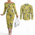Australia Wattle Day Couples Matching Off The Shoulder Long Sleeve Dress and Long Sleeve Button Shirt Acacia Pycnantha Willie Wagtail Seamless Style