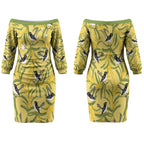Australia Wattle Day Couples Matching Off The Shoulder Long Sleeve Dress and Long Sleeve Button Shirt Acacia Pycnantha Willie Wagtail Seamless Style