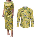 Australia Wattle Day Couples Matching Puletasi and Long Sleeve Button Shirt Acacia Pycnantha Willie Wagtail Seamless Style