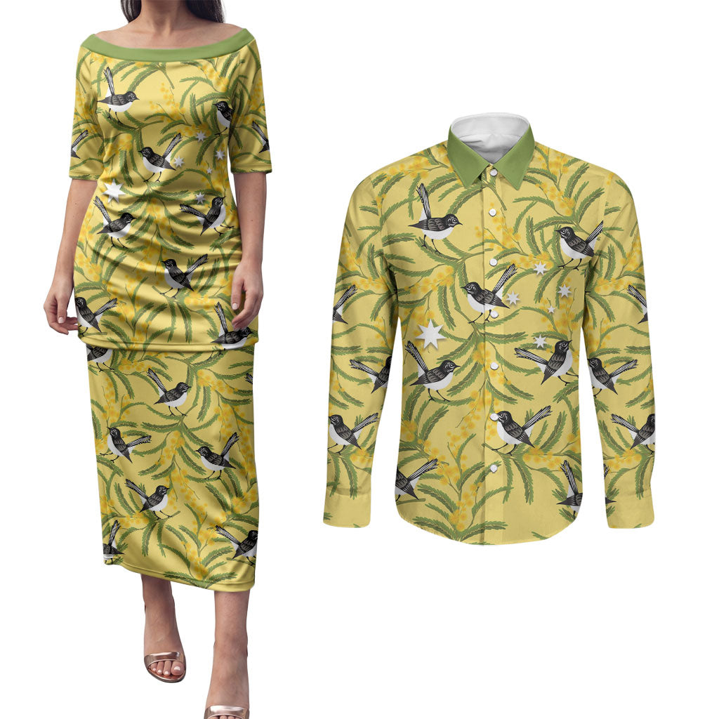 Australia Wattle Day Couples Matching Puletasi and Long Sleeve Button Shirt Acacia Pycnantha Willie Wagtail Seamless Style