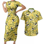 Australia Wattle Day Couples Matching Short Sleeve Bodycon Dress and Hawaiian Shirt Acacia Pycnantha Willie Wagtail Seamless Style