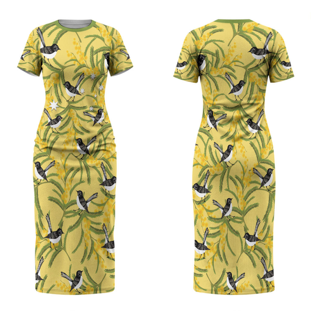 Australia Wattle Day Couples Matching Short Sleeve Bodycon Dress and Hawaiian Shirt Acacia Pycnantha Willie Wagtail Seamless Style