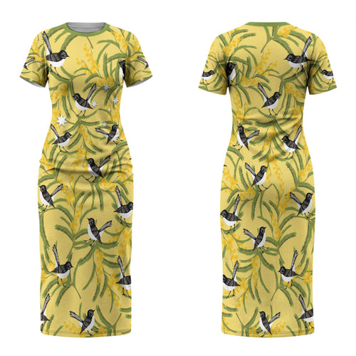 Australia Wattle Day Couples Matching Short Sleeve Bodycon Dress and Hawaiian Shirt Acacia Pycnantha Willie Wagtail Seamless Style