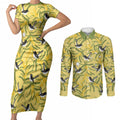 Australia Wattle Day Couples Matching Short Sleeve Bodycon Dress and Long Sleeve Button Shirt Acacia Pycnantha Willie Wagtail Seamless Style