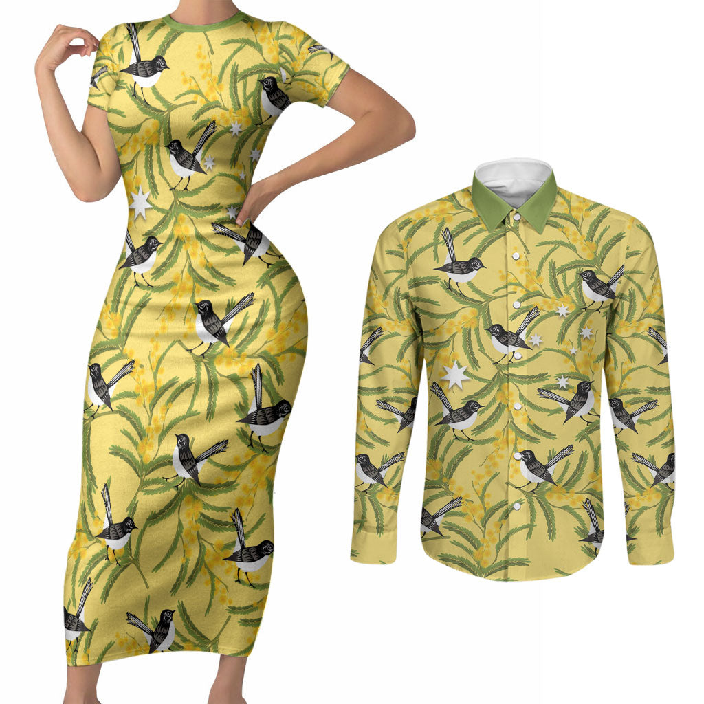 Australia Wattle Day Couples Matching Short Sleeve Bodycon Dress and Long Sleeve Button Shirt Acacia Pycnantha Willie Wagtail Seamless Style