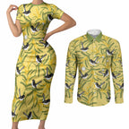 Australia Wattle Day Couples Matching Short Sleeve Bodycon Dress and Long Sleeve Button Shirt Acacia Pycnantha Willie Wagtail Seamless Style