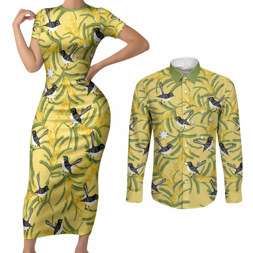 Australia Wattle Day Couples Matching Short Sleeve Bodycon Dress and Long Sleeve Button Shirt Acacia Pycnantha Willie Wagtail Seamless Style