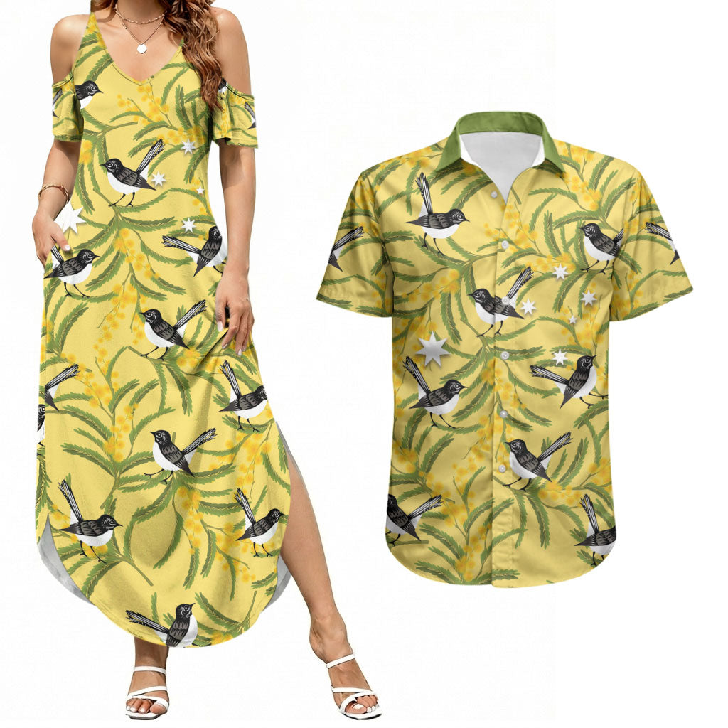 Australia Wattle Day Couples Matching Summer Maxi Dress and Hawaiian Shirt Acacia Pycnantha Willie Wagtail Seamless Style