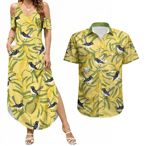 Australia Wattle Day Couples Matching Summer Maxi Dress and Hawaiian Shirt Acacia Pycnantha Willie Wagtail Seamless Style