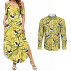 Australia Wattle Day Couples Matching Summer Maxi Dress and Long Sleeve Button Shirt Acacia Pycnantha Willie Wagtail Seamless Style