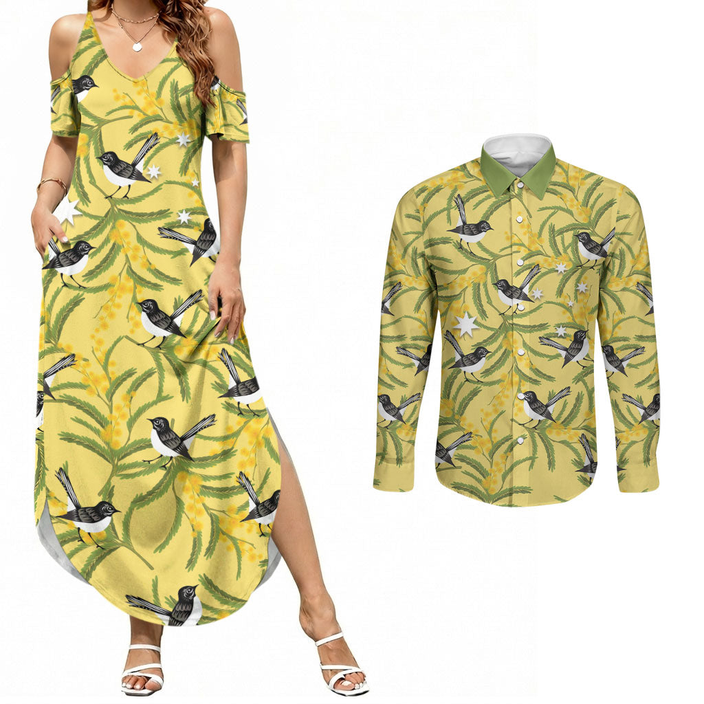Australia Wattle Day Couples Matching Summer Maxi Dress and Long Sleeve Button Shirt Acacia Pycnantha Willie Wagtail Seamless Style