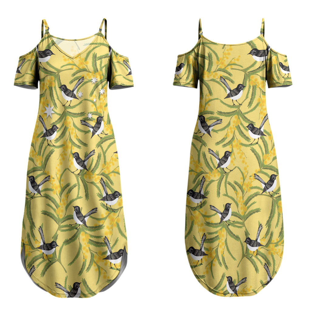 Australia Wattle Day Couples Matching Summer Maxi Dress and Long Sleeve Button Shirt Acacia Pycnantha Willie Wagtail Seamless Style