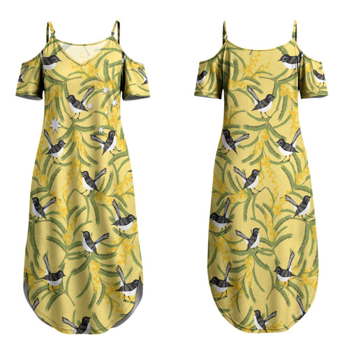 Australia Wattle Day Couples Matching Summer Maxi Dress and Long Sleeve Button Shirt Acacia Pycnantha Willie Wagtail Seamless Style