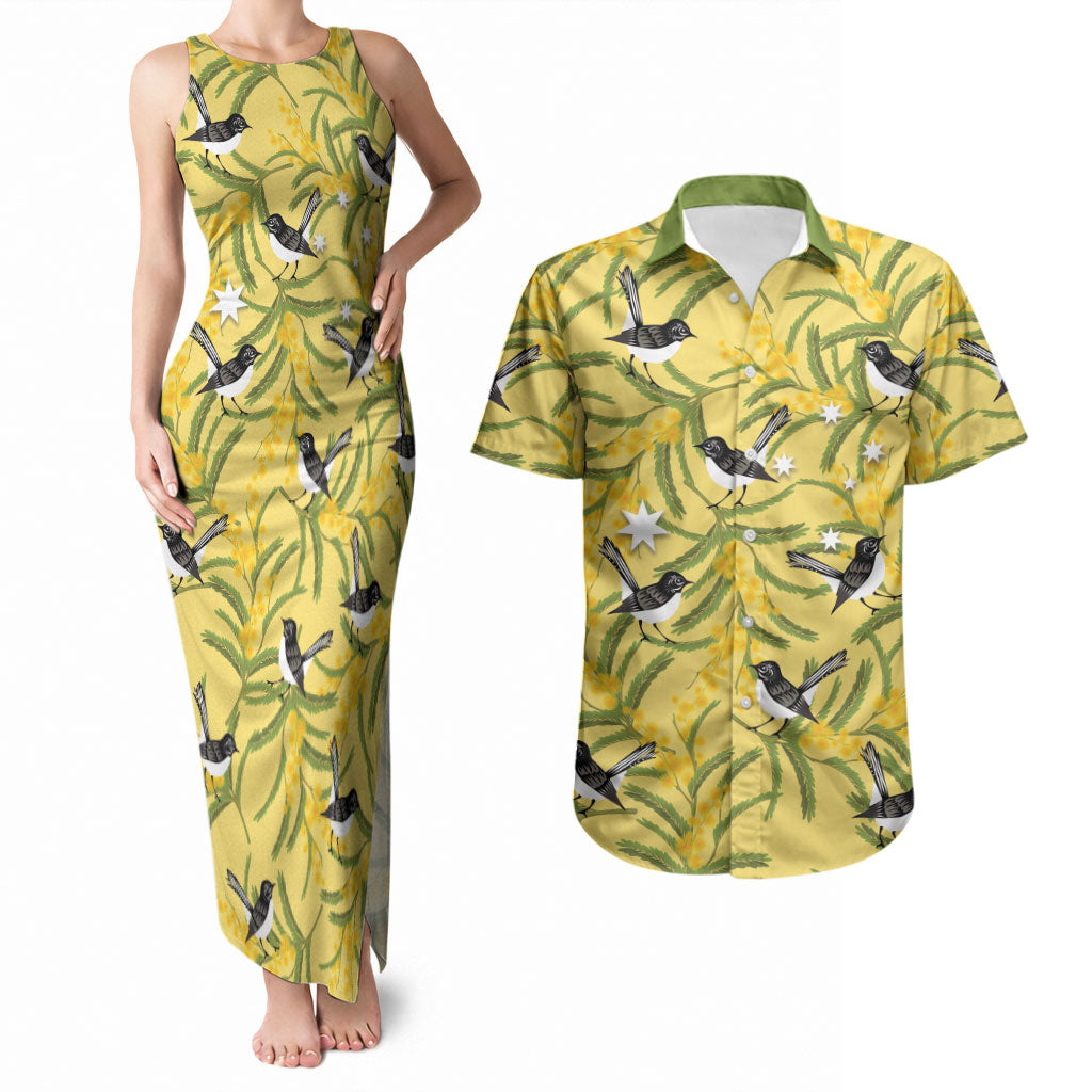 Australia Wattle Day Couples Matching Tank Maxi Dress and Hawaiian Shirt Acacia Pycnantha Willie Wagtail Seamless Style
