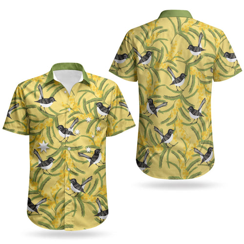 Australia Wattle Day Couples Matching Tank Maxi Dress and Hawaiian Shirt Acacia Pycnantha Willie Wagtail Seamless Style