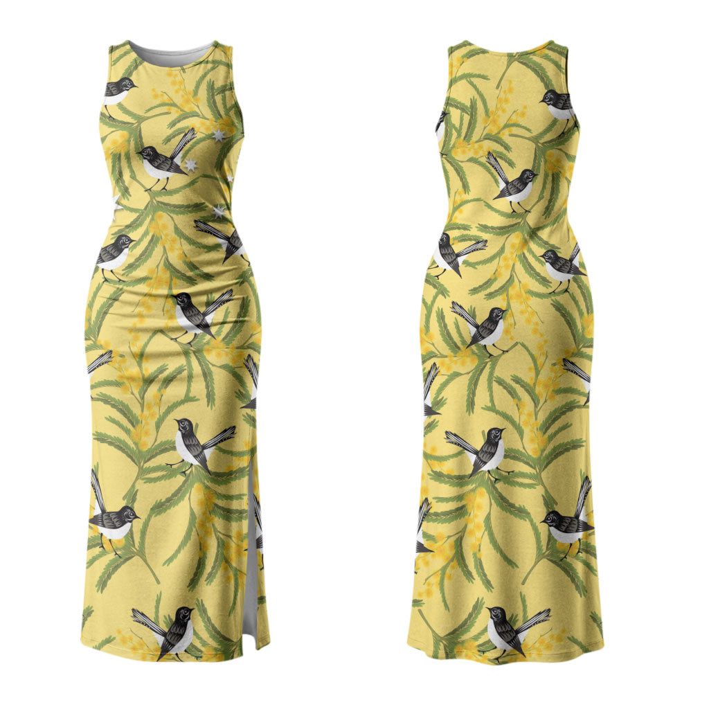 Australia Wattle Day Couples Matching Tank Maxi Dress and Hawaiian Shirt Acacia Pycnantha Willie Wagtail Seamless Style