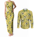 Australia Wattle Day Couples Matching Tank Maxi Dress and Long Sleeve Button Shirt Acacia Pycnantha Willie Wagtail Seamless Style