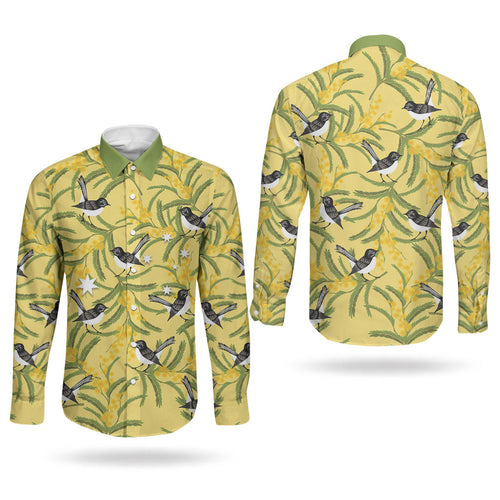Australia Wattle Day Couples Matching Tank Maxi Dress and Long Sleeve Button Shirt Acacia Pycnantha Willie Wagtail Seamless Style