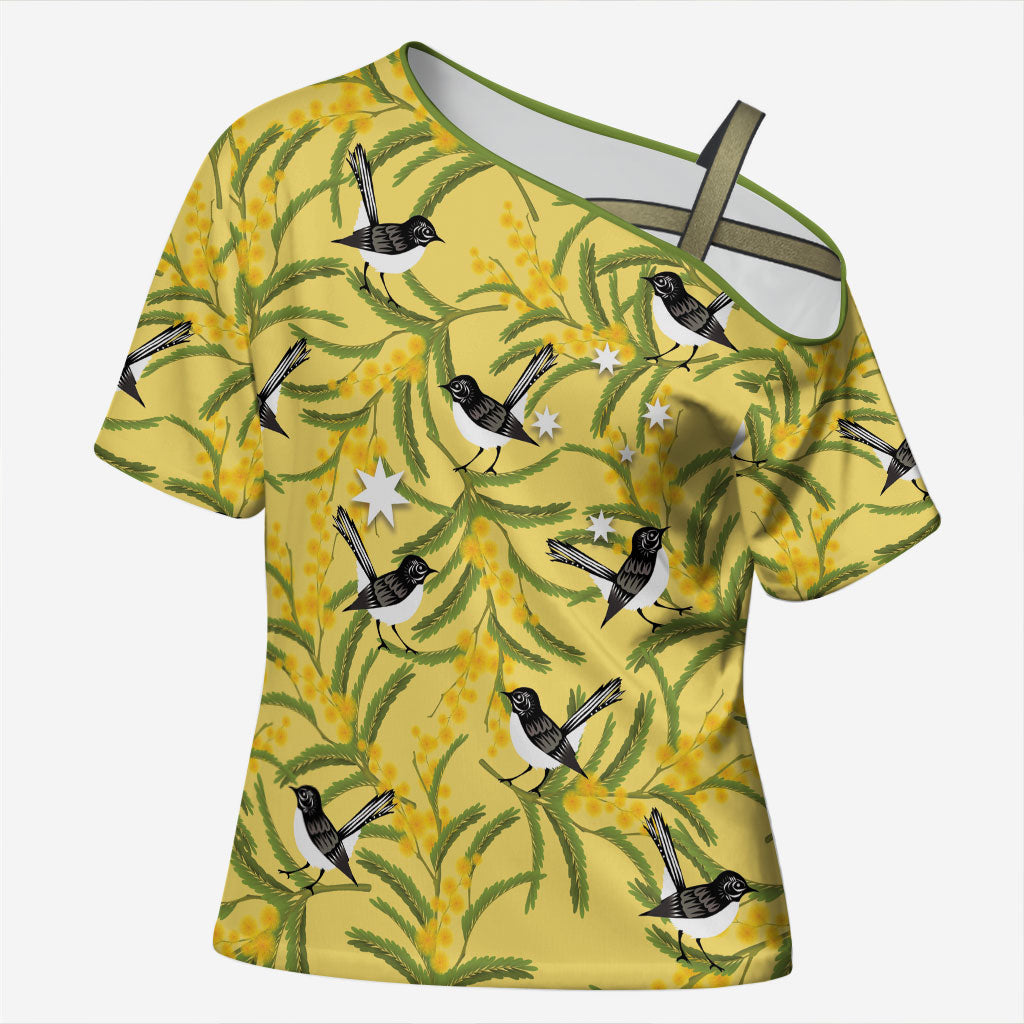 Australia Wattle Day Cross Shoulder Shirt Acacia Pycnantha Willie Wagtail Seamless Style
