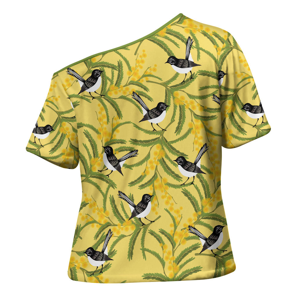 Australia Wattle Day Cross Shoulder Shirt Acacia Pycnantha Willie Wagtail Seamless Style