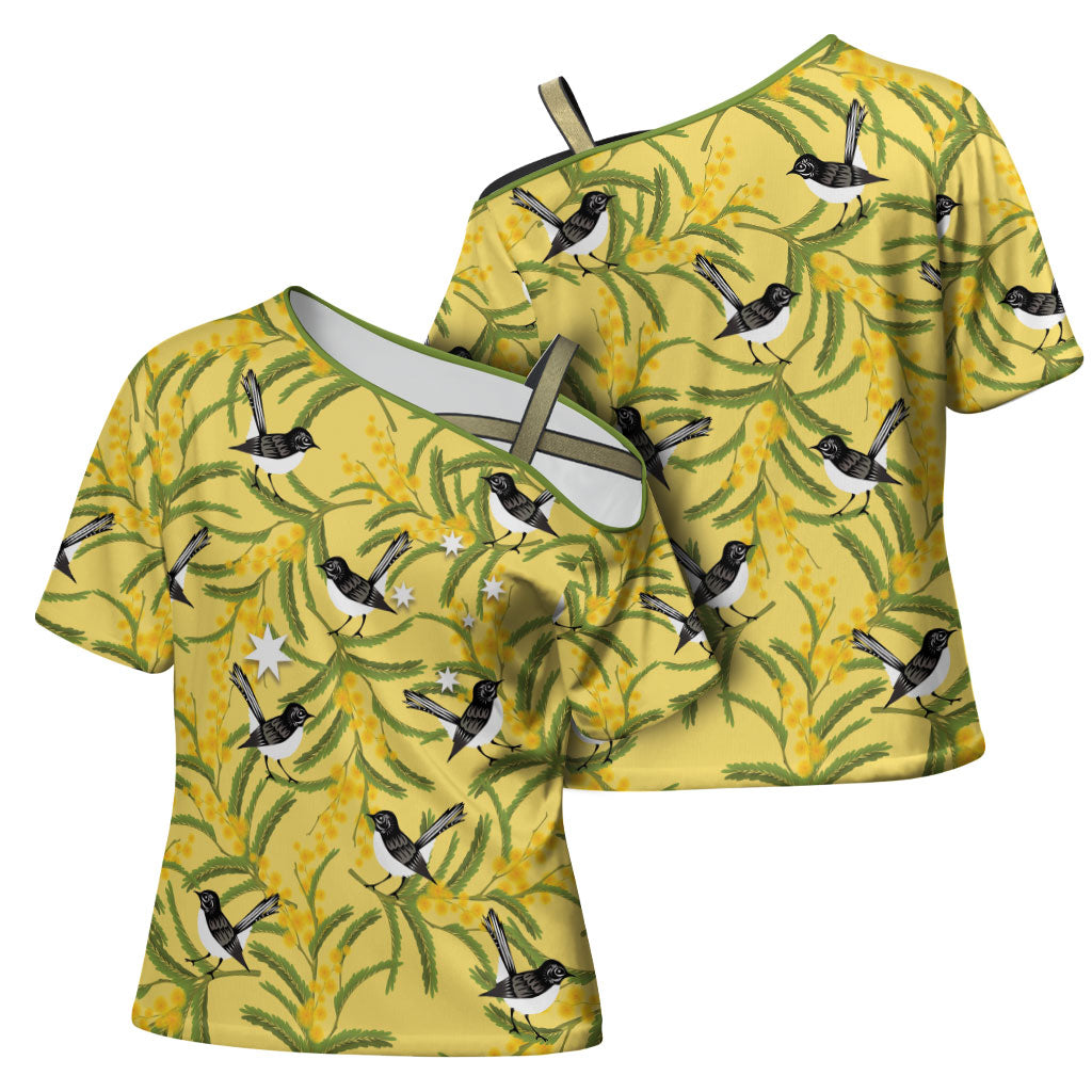Australia Wattle Day Cross Shoulder Shirt Acacia Pycnantha Willie Wagtail Seamless Style