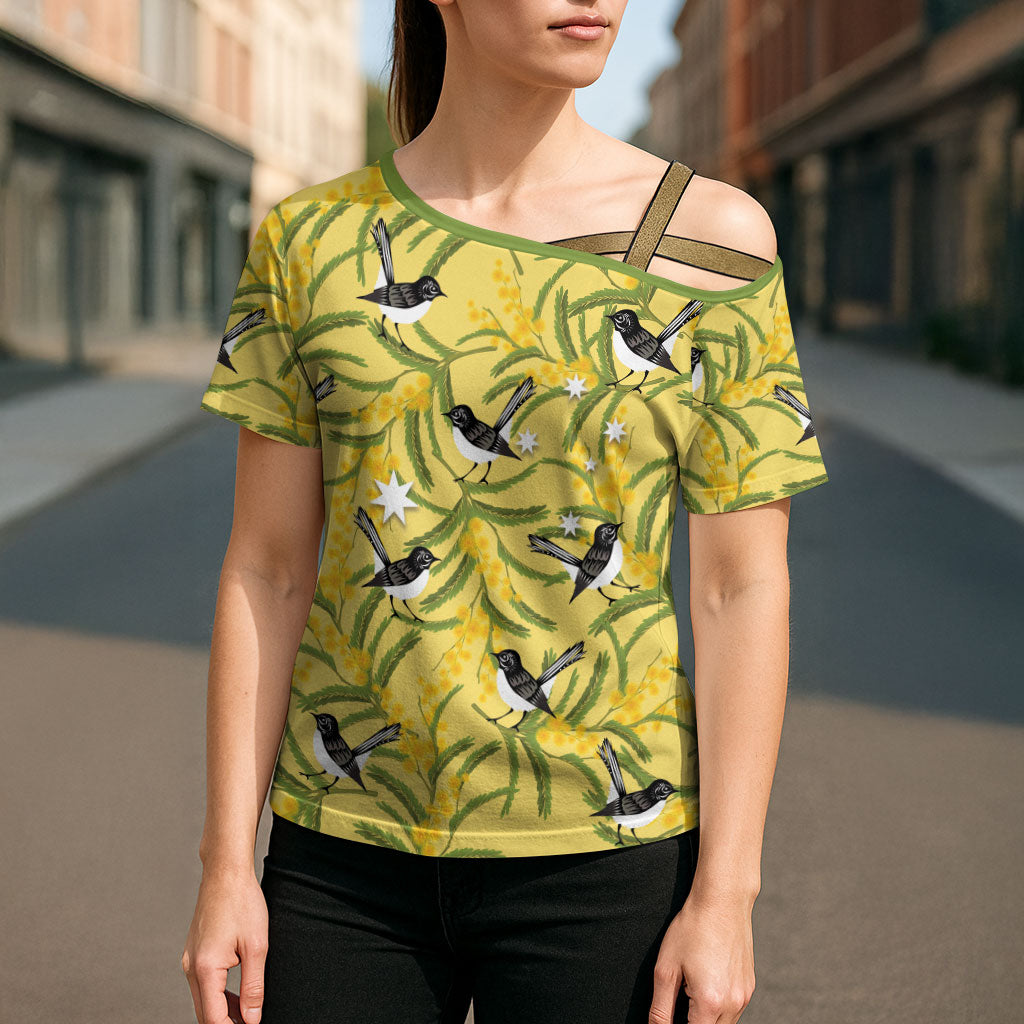 Australia Wattle Day Cross Shoulder Shirt Acacia Pycnantha Willie Wagtail Seamless Style