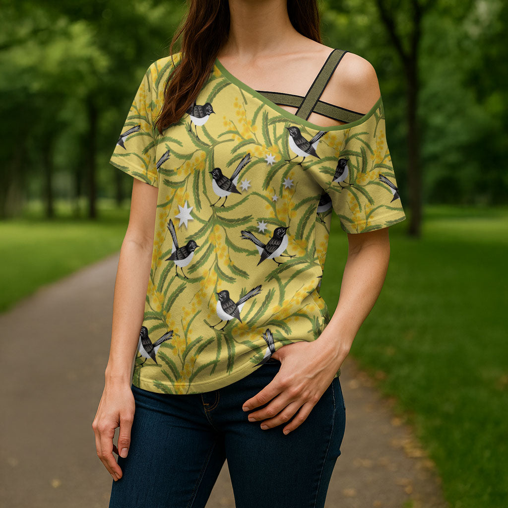Australia Wattle Day Cross Shoulder Shirt Acacia Pycnantha Willie Wagtail Seamless Style