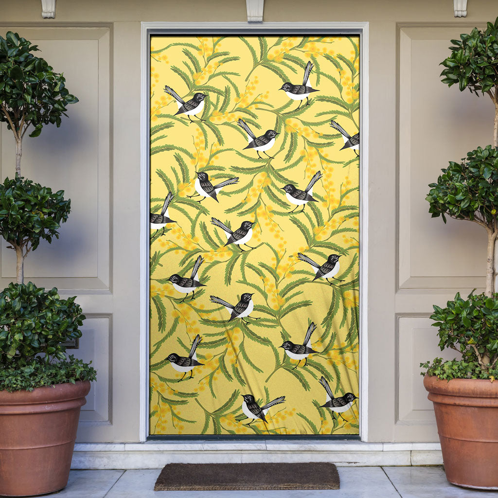 Australia Wattle Day Door Cover Acacia Pycnantha Willie Wagtail Seamless Style