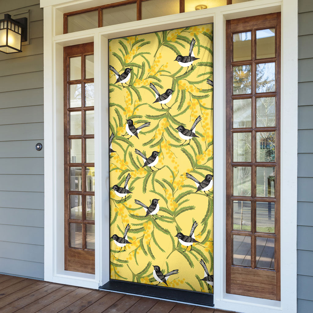 Australia Wattle Day Door Cover Acacia Pycnantha Willie Wagtail Seamless Style