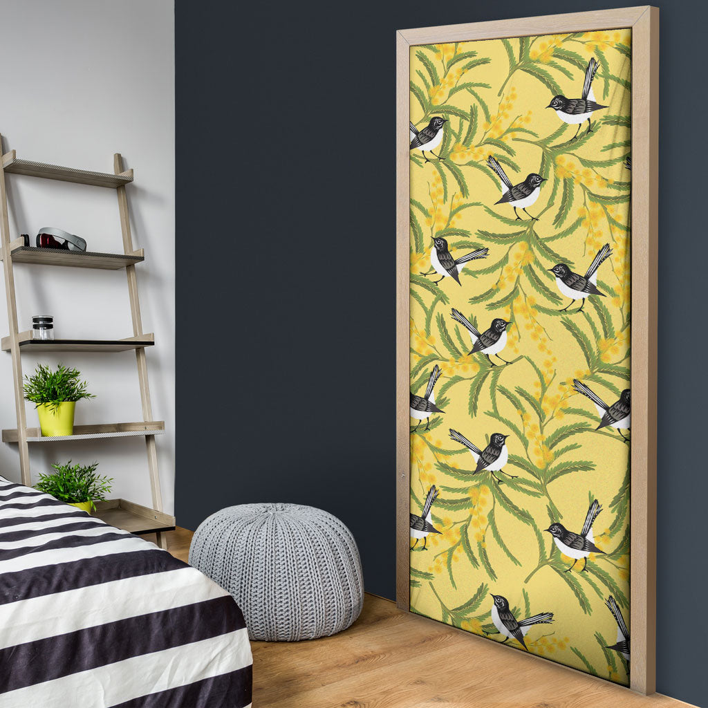 Australia Wattle Day Door Cover Acacia Pycnantha Willie Wagtail Seamless Style