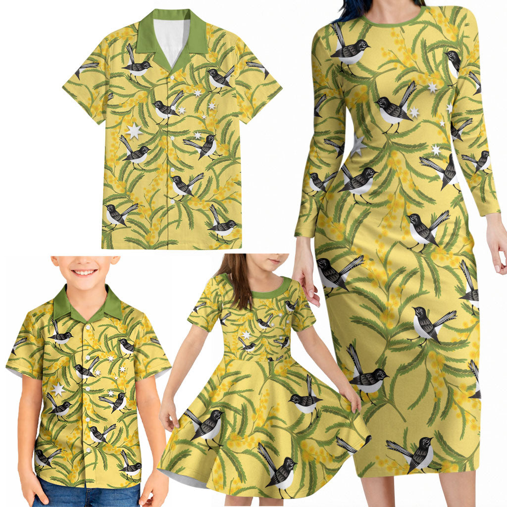 Australia Wattle Day Family Matching Long Sleeve Bodycon Dress and Hawaiian Shirt Acacia Pycnantha Willie Wagtail Seamless Style