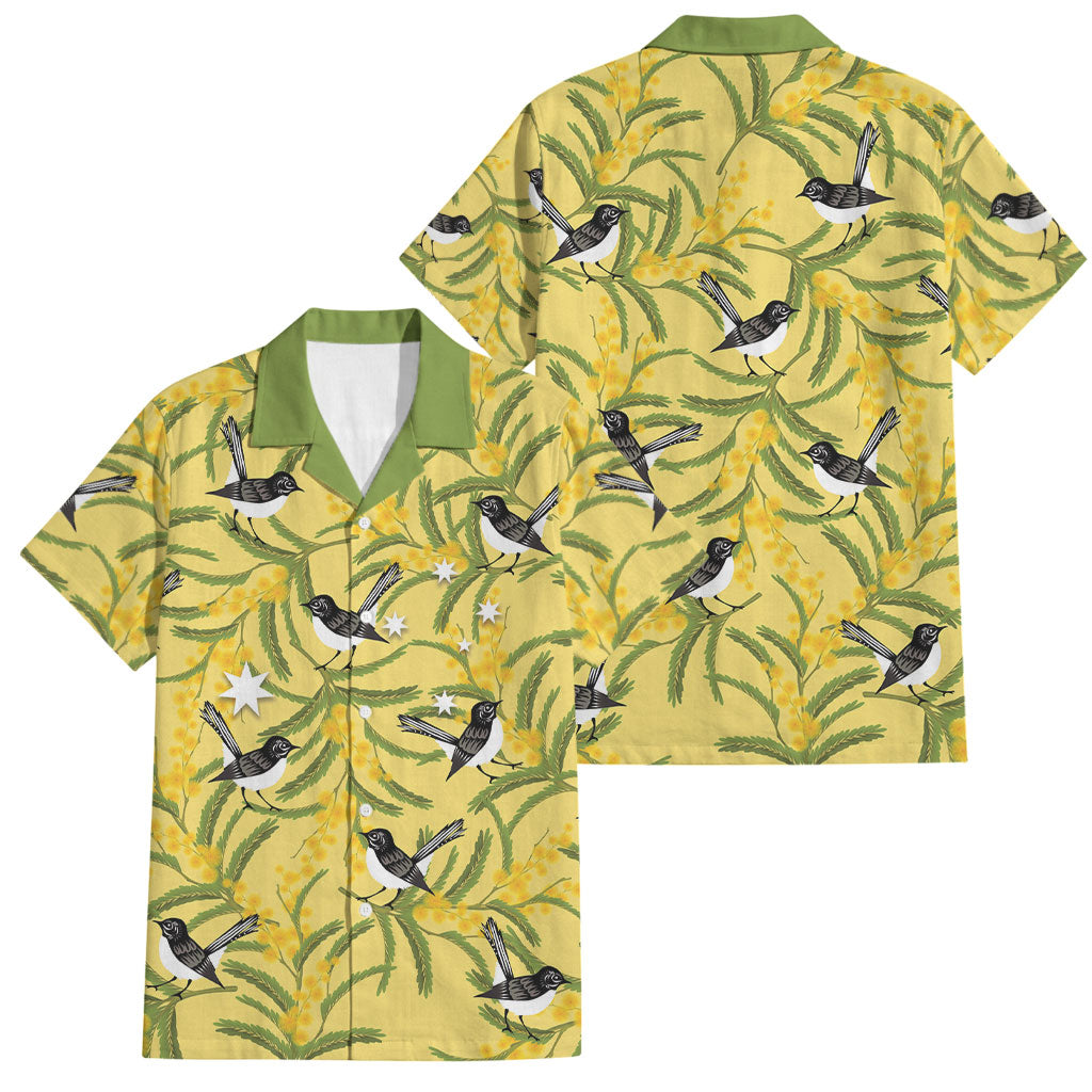 Australia Wattle Day Family Matching Long Sleeve Bodycon Dress and Hawaiian Shirt Acacia Pycnantha Willie Wagtail Seamless Style