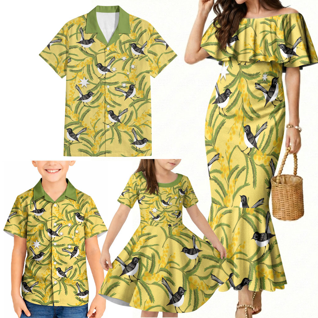 Australia Wattle Day Family Matching Mermaid Dress and Hawaiian Shirt Acacia Pycnantha Willie Wagtail Seamless Style
