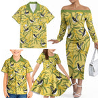Australia Wattle Day Family Matching Off The Shoulder Long Sleeve Dress and Hawaiian Shirt Acacia Pycnantha Willie Wagtail Seamless Style